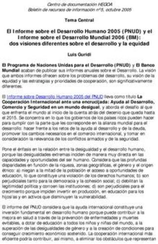 Portada El informe sobre el desarrollo humano 2005 (PNUD) y el informe sobre el desarrollo mundial 2006 (BM) : Dos visiones diferentes sobre el desarrollo y la equidad