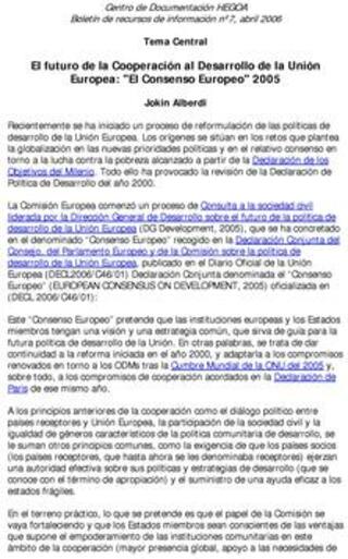 Portada El futuro de la cooperación al desarrollo de la Unión Europea : "El Consenso Europeo" 2005