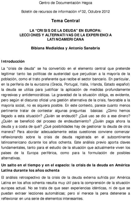 La "Crisis de la Deuda" en Europa: Lecciones y Alternativas de la experiencia Latinoamericana