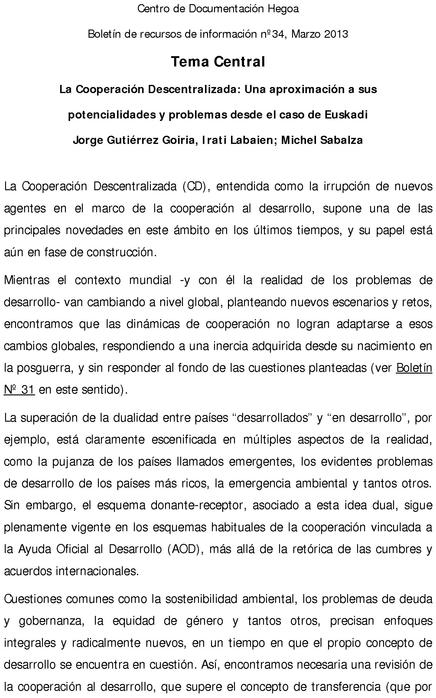 La Cooperación Descentralizada: Una aproximación a sus potencialidades y problemas desde el caso de Euskadi