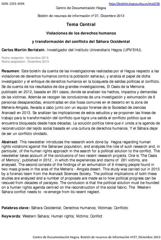 Violaciones de los Derechos Humano y transformación del conflicto del Sáhara Occidental