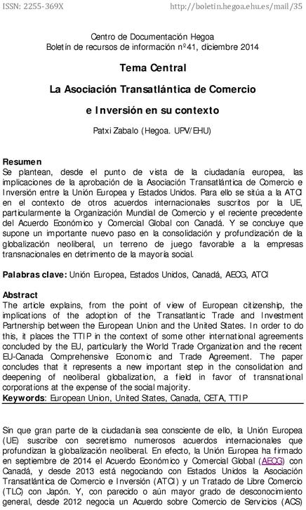 La Asociación Transatlántica de Comercio e Inversión en su contexto 