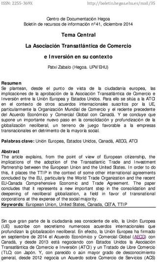 Portada La Asociación Transatlántica de Comercio e Inversión en su contexto 