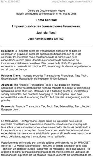 Portada Impuesto sobre las transacciones financieras: Justicia fiscal