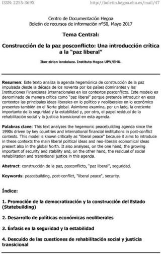 Portada Construcción de la paz posconflicto: Una introducción crítica a la "paz liberal"