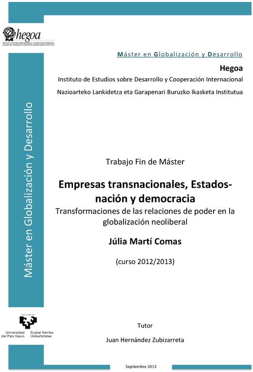 Portada Empresas transnacionales, Estados-­nación y democracia: Transformaciones de las relaciones de poder en la globalización neoliberal   