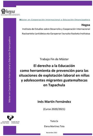 Portada El derecho a la Educación como herramienta de prevención para las situaciones de explotación laboral en niñas y adolescentes migrantes guatemaltecas en Tapachula