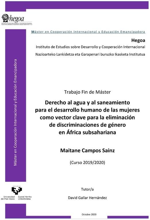 Derecho al agua y al saneamiento para el desarrollo humano de las mujeres como vector clave para la eliminación de discriminaciones de género en África subsahariana